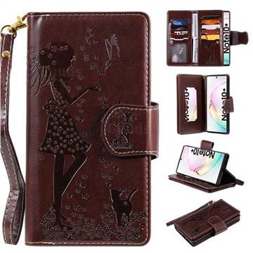 Embossing Cat Girl 9 Card Leather Wallet Case for Samsung Galaxy Note 10+ (6.75 inch) / Note10 Plus - Brown