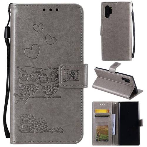 Embossing Owl Couple Flower Leather Wallet Case for Samsung Galaxy Note 10+ (6.75 inch) / Note10 Plus - Gray