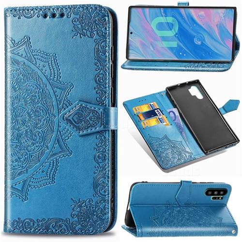 Embossing Imprint Mandala Flower Leather Wallet Case for Samsung Galaxy Note 10+ (6.75 inch) / Note10 Plus - Blue