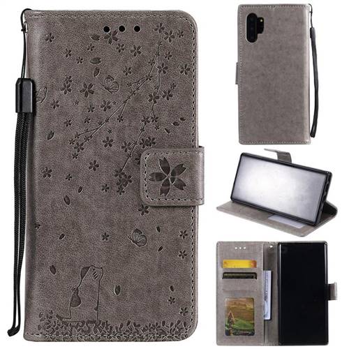 Embossing Cherry Blossom Cat Leather Wallet Case for Samsung Galaxy Note 10+ (6.75 inch) / Note10 Plus - Gray