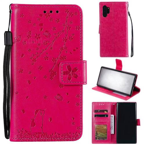 Embossing Cherry Blossom Cat Leather Wallet Case for Samsung Galaxy Note 10+ (6.75 inch) / Note10 Plus - Rose