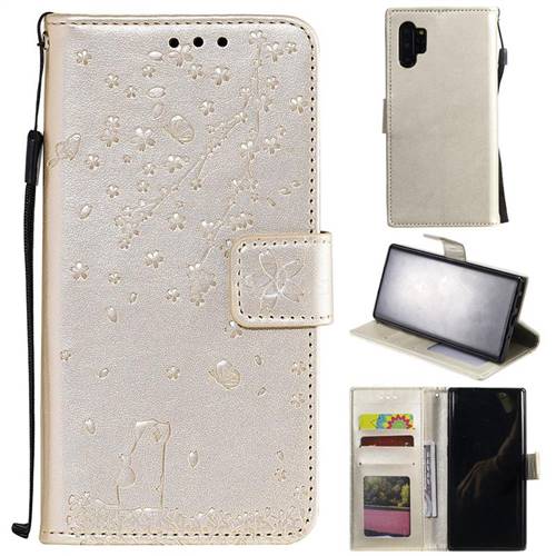 Embossing Cherry Blossom Cat Leather Wallet Case for Samsung Galaxy Note 10+ (6.75 inch) / Note10 Plus - Golden