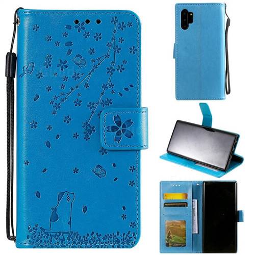 Embossing Cherry Blossom Cat Leather Wallet Case for Samsung Galaxy Note 10+ (6.75 inch) / Note10 Plus - Blue