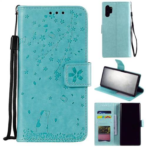 Embossing Cherry Blossom Cat Leather Wallet Case for Samsung Galaxy Note 10+ (6.75 inch) / Note10 Plus - Green