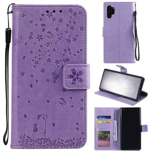 Embossing Cherry Blossom Cat Leather Wallet Case for Samsung Galaxy Note 10+ (6.75 inch) / Note10 Plus - Purple