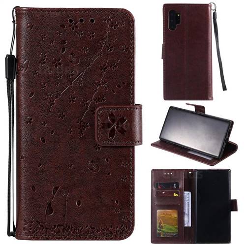 Embossing Cherry Blossom Cat Leather Wallet Case for Samsung Galaxy Note 10+ (6.75 inch) / Note10 Plus - Brown