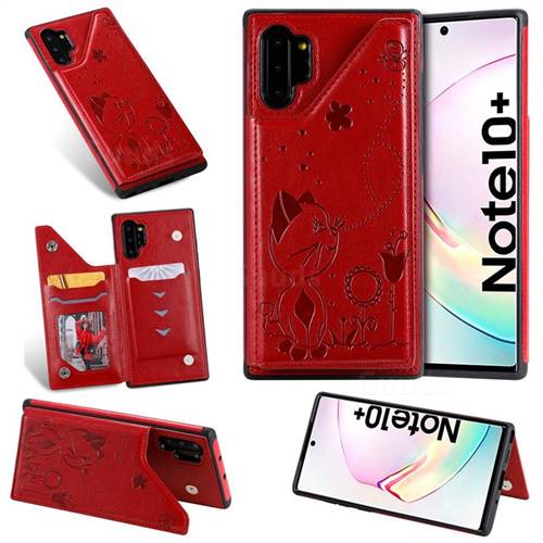 Luxury Bee and Cat Multifunction Magnetic Card Slots Stand Leather Back Cover for Samsung Galaxy Note 10 Pro (6.75 inch) / Note 10+ - Red