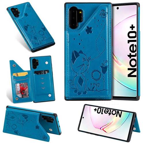 Luxury Bee and Cat Multifunction Magnetic Card Slots Stand Leather Back Cover for Samsung Galaxy Note 10 Pro (6.75 inch) / Note 10+ - Blue