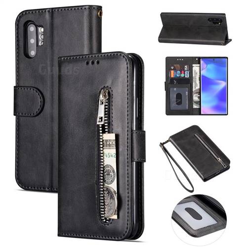 Retro Calfskin Zipper Leather Wallet Case Cover for Samsung Galaxy Note 10 Pro (6.75 inch) / Note 10+ - Black