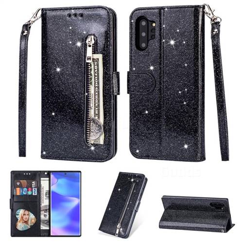 Glitter Shine Leather Zipper Wallet Phone Case for Samsung Galaxy Note 10 Pro (6.75 inch) / Note 10+ - Black