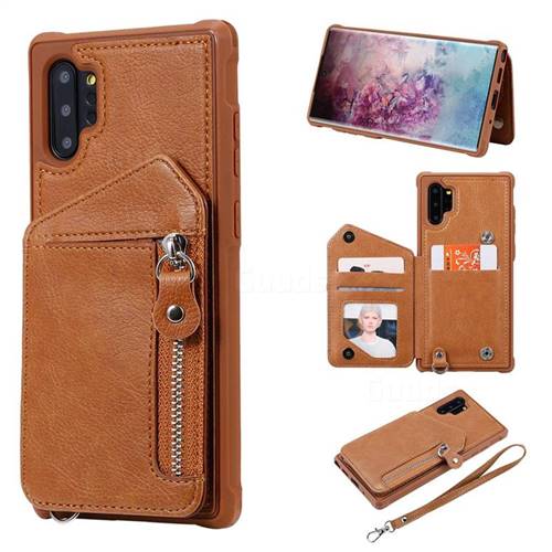 Classic Luxury Buckle Zipper Anti-fall Leather Phone Back Cover for Samsung Galaxy Note 10 Pro (6.75 inch) / Note 10+ - Brown