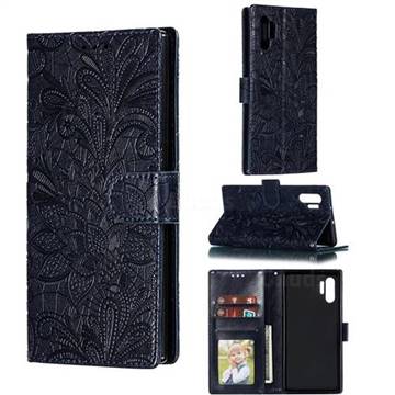 Intricate Embossing Lace Jasmine Flower Leather Wallet Case for Samsung Galaxy Note 10 Pro (6.75 inch) / Note 10+ - Dark Blue