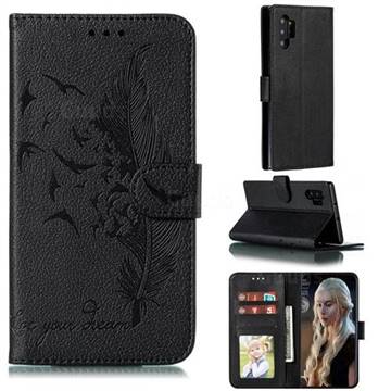 Intricate Embossing Lychee Feather Bird Leather Wallet Case for Samsung Galaxy Note 10 Pro (6.75 inch) / Note 10+ - Black