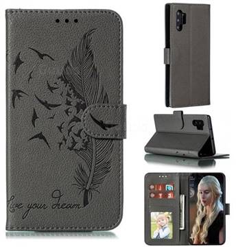 Intricate Embossing Lychee Feather Bird Leather Wallet Case for Samsung Galaxy Note 10 Pro (6.75 inch) / Note 10+ - Gray
