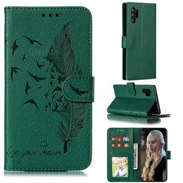 Intricate Embossing Lychee Feather Bird Leather Wallet Case for Samsung Galaxy Note 10 Pro (6.75 inch) / Note 10+ - Green