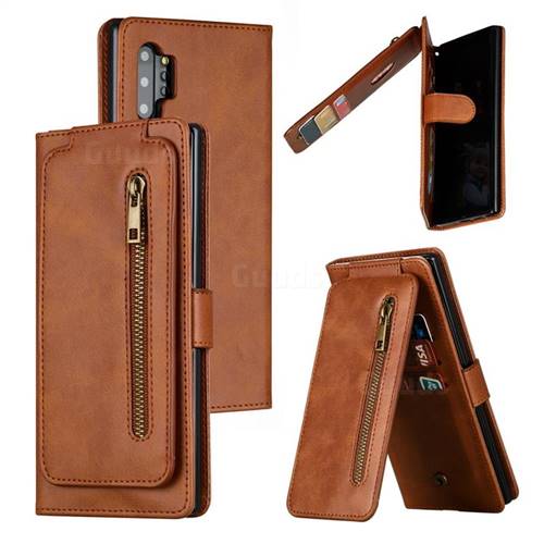 Multifunction 9 Cards Leather Zipper Wallet Phone Case for Samsung Galaxy Note 10 Pro (6.75 inch) / Note 10+ - Brown