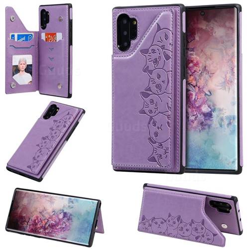 Yikatu Luxury Cute Cats Multifunction Magnetic Card Slots Stand Leather Back Cover for Samsung Galaxy Note 10 Pro (6.75 inch) / Note 10+ - Purple