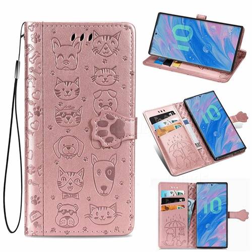 Embossing Dog Paw Kitten and Puppy Leather Wallet Case for Samsung Galaxy Note 10 Pro (6.75 inch) / Note 10+ - Rose Gold