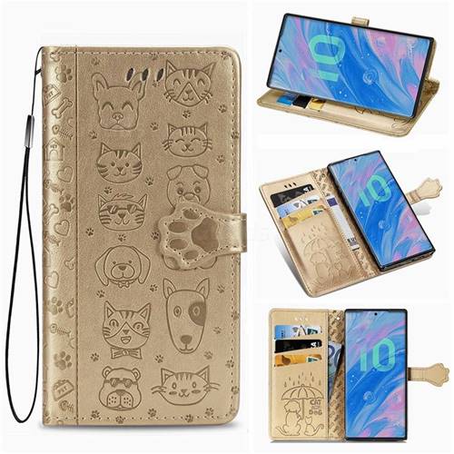 Embossing Dog Paw Kitten and Puppy Leather Wallet Case for Samsung Galaxy Note 10 Pro (6.75 inch) / Note 10+ - Champagne Gold