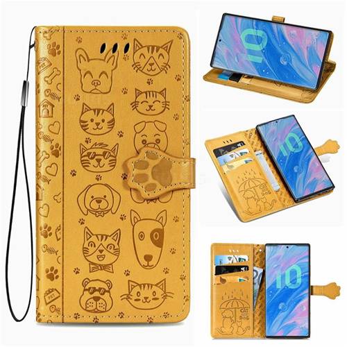 Embossing Dog Paw Kitten and Puppy Leather Wallet Case for Samsung Galaxy Note 10 Pro (6.75 inch) / Note 10+ - Yellow