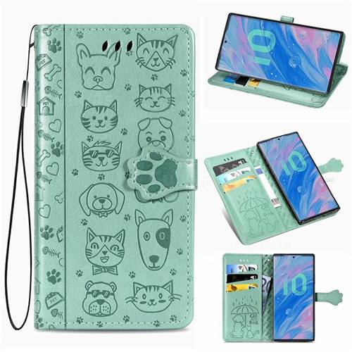 Embossing Dog Paw Kitten and Puppy Leather Wallet Case for Samsung Galaxy Note 10 Pro (6.75 inch) / Note 10+ - Green