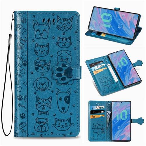 Embossing Dog Paw Kitten and Puppy Leather Wallet Case for Samsung Galaxy Note 10 Pro (6.75 inch) / Note 10+ - Blue