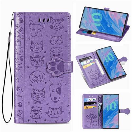 Embossing Dog Paw Kitten and Puppy Leather Wallet Case for Samsung Galaxy Note 10 Pro (6.75 inch) / Note 10+ - Purple
