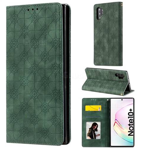 Intricate Embossing Four Leaf Clover Leather Wallet Case for Samsung Galaxy Note 10 Pro (6.75 inch) / Note 10+ - Blackish Green