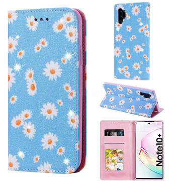 Ultra Slim Daisy Sparkle Glitter Powder Magnetic Leather Wallet Case for Samsung Galaxy Note 10 Pro (6.75 inch) / Note 10+ - Blue