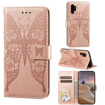 Intricate Embossing Rose Flower Butterfly Leather Wallet Case for Samsung Galaxy Note 10 Pro (6.75 inch) / Note 10+ - Rose Gold
