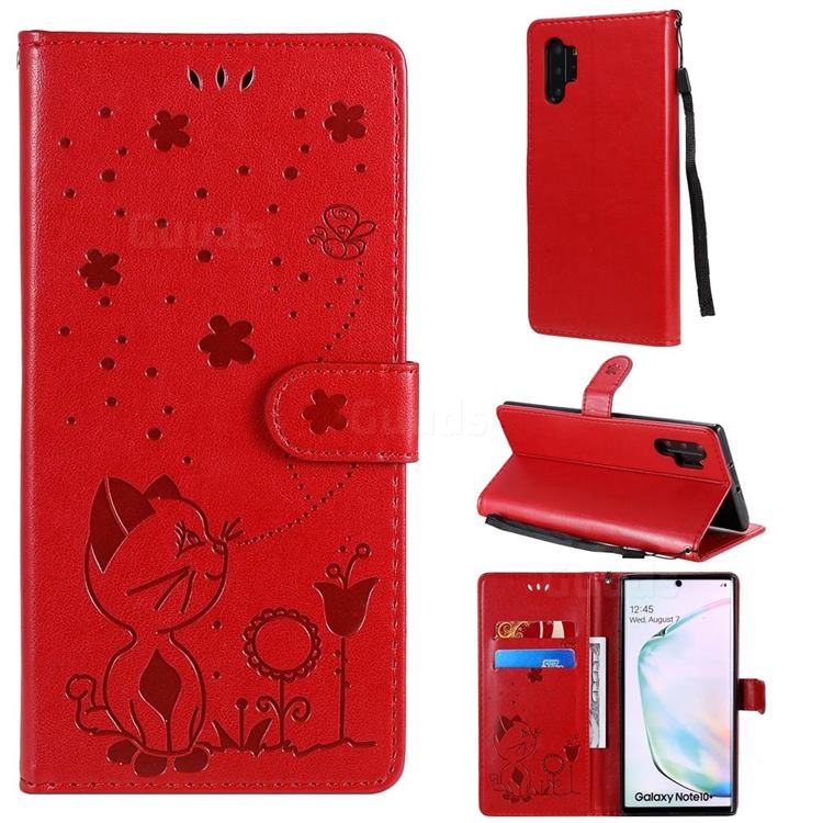Embossing Bee and Cat Leather Wallet Case for Samsung Galaxy Note 10 Pro (6.75 inch) / Note 10+ - Red