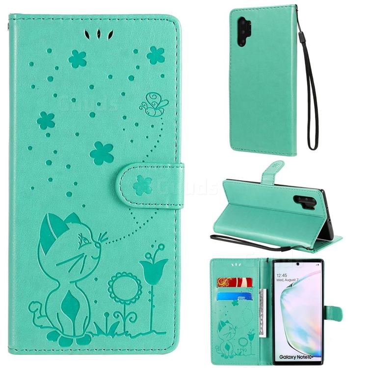 Embossing Bee and Cat Leather Wallet Case for Samsung Galaxy Note 10 Pro (6.75 inch) / Note 10+ - Green