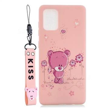 Pink Flower Bear Soft Kiss Candy Hand Strap Silicone Case for Samsung Galaxy Note 20