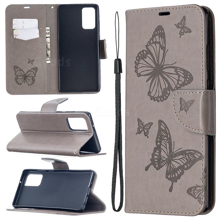 Embossing Double Butterfly Leather Wallet Case for Samsung Galaxy Note 20 - Gray