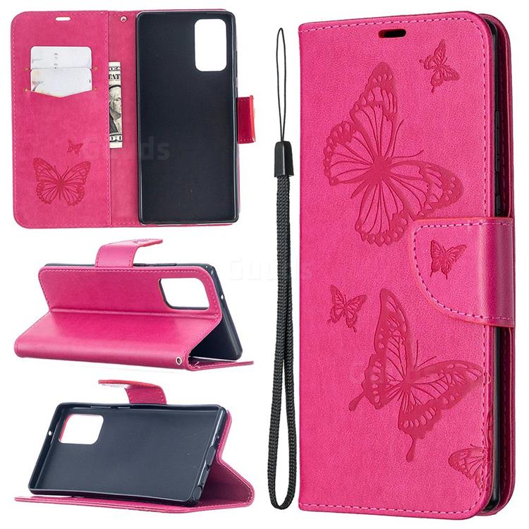 Embossing Double Butterfly Leather Wallet Case for Samsung Galaxy Note 20 - Red