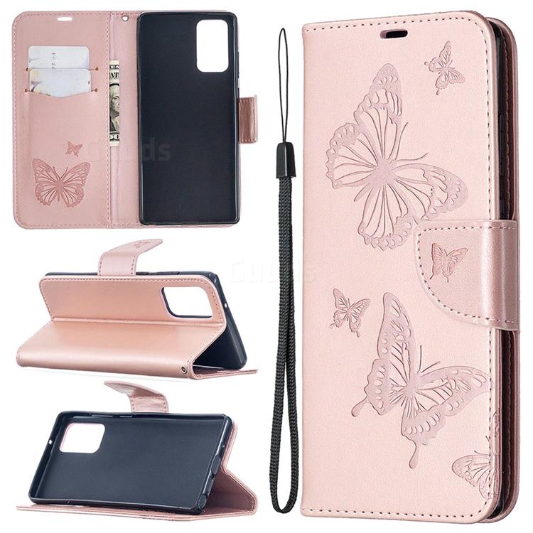 Embossing Double Butterfly Leather Wallet Case for Samsung Galaxy Note 20 - Rose Gold
