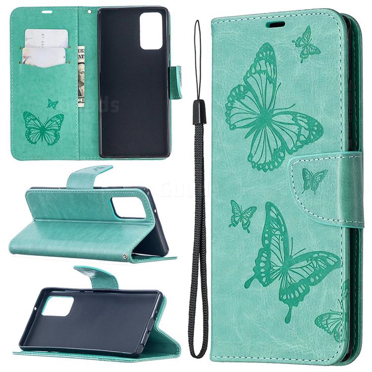 Embossing Double Butterfly Leather Wallet Case for Samsung Galaxy Note 20 - Green
