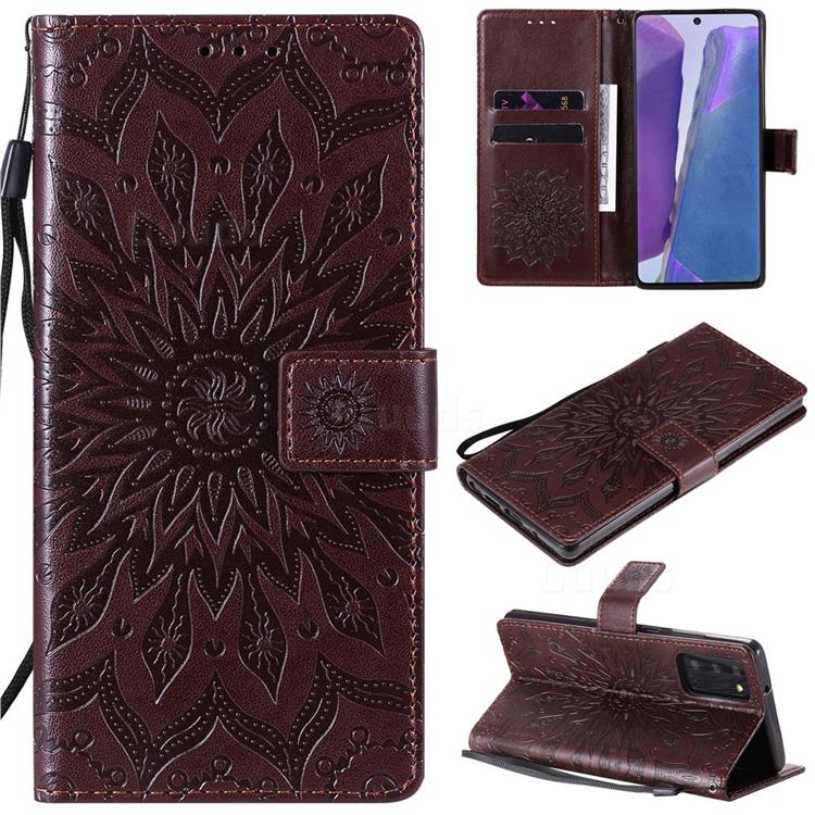 Embossing Sunflower Leather Wallet Case for Samsung Galaxy Note 20 - Brown