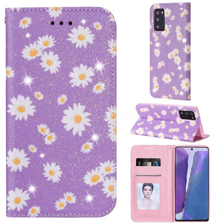 Ultra Slim Daisy Sparkle Glitter Powder Magnetic Leather Wallet Case for Samsung Galaxy Note 20 - Purple