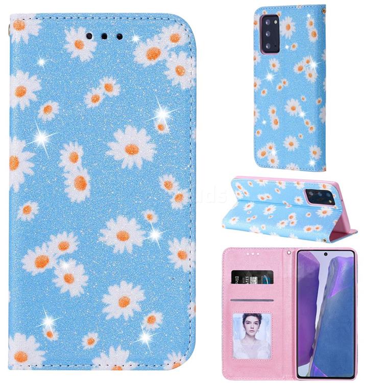 Ultra Slim Daisy Sparkle Glitter Powder Magnetic Leather Wallet Case for Samsung Galaxy Note 20 - Blue