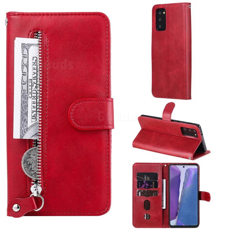 Retro Luxury Zipper Leather Phone Wallet Case for Samsung Galaxy Note 20 - Red