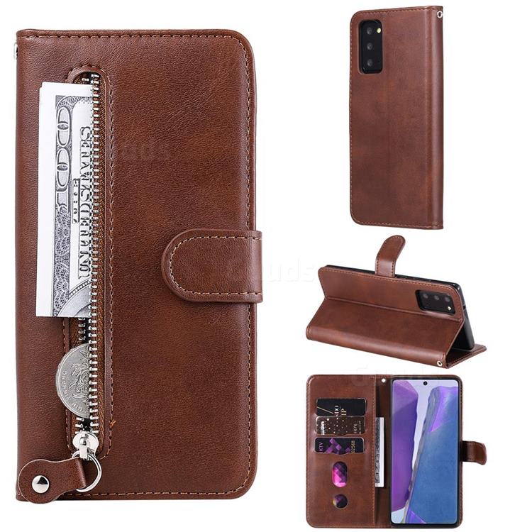 Retro Luxury Zipper Leather Phone Wallet Case for Samsung Galaxy Note 20 - Brown