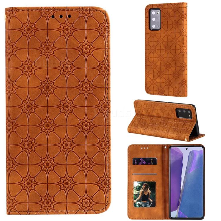 Intricate Embossing Four Leaf Clover Leather Wallet Case for Samsung Galaxy Note 20 - Yellowish Brown