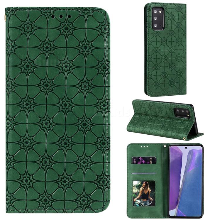 Intricate Embossing Four Leaf Clover Leather Wallet Case for Samsung Galaxy Note 20 - Blackish Green