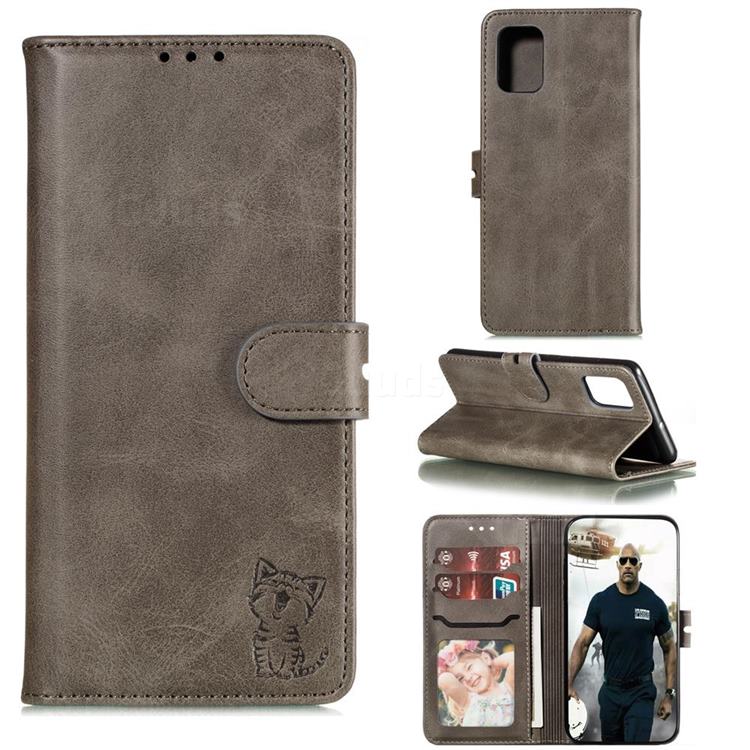 Embossing Happy Cat Leather Wallet Case for Samsung Galaxy Note 20 - Gray