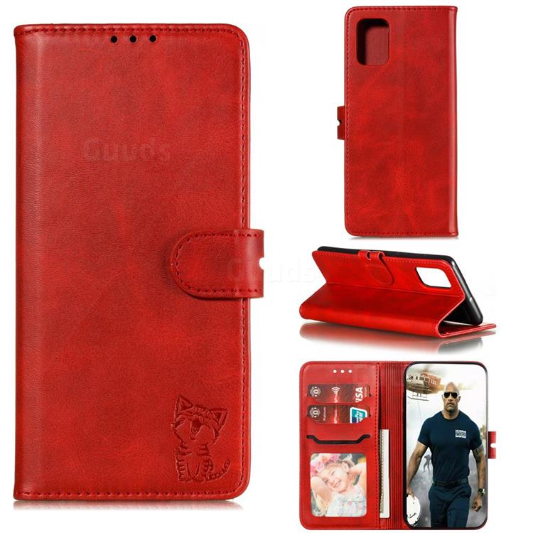 Embossing Happy Cat Leather Wallet Case for Samsung Galaxy Note 20 - Red
