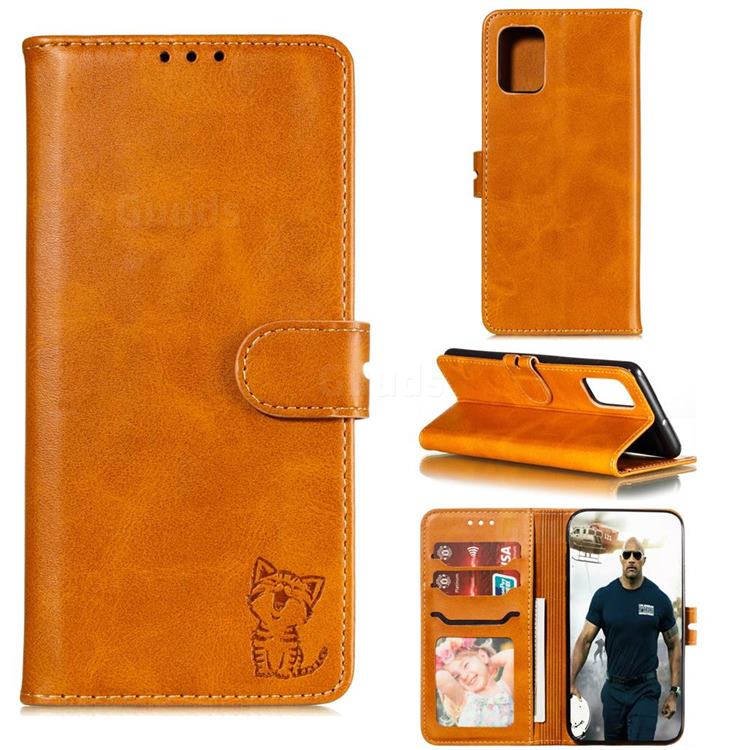 Embossing Happy Cat Leather Wallet Case for Samsung Galaxy Note 20 - Yellow