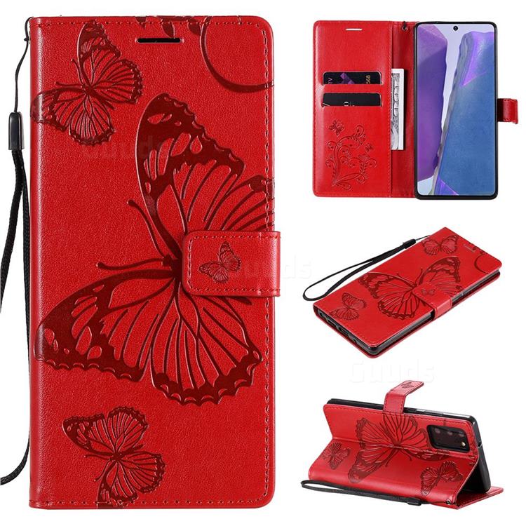 Embossing 3D Butterfly Leather Wallet Case for Samsung Galaxy Note 20 - Red