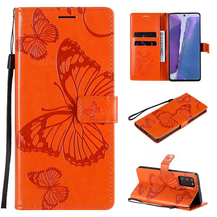 Embossing 3D Butterfly Leather Wallet Case for Samsung Galaxy Note 20 - Orange
