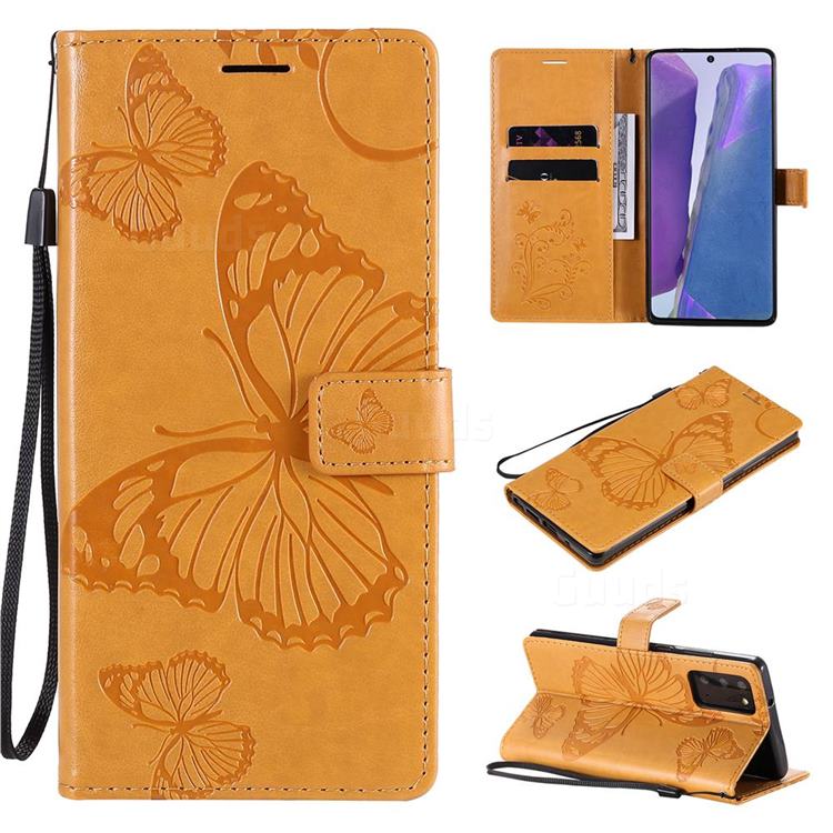 Embossing 3D Butterfly Leather Wallet Case for Samsung Galaxy Note 20 - Yellow
